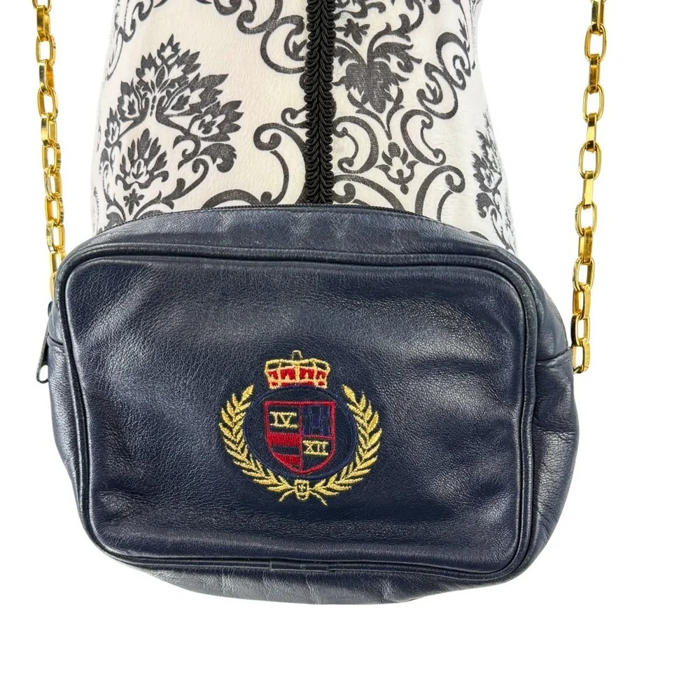 Rare L.J. Simone Navy Blue Leather Purse Gold Chain Embroidered Crest Emblem